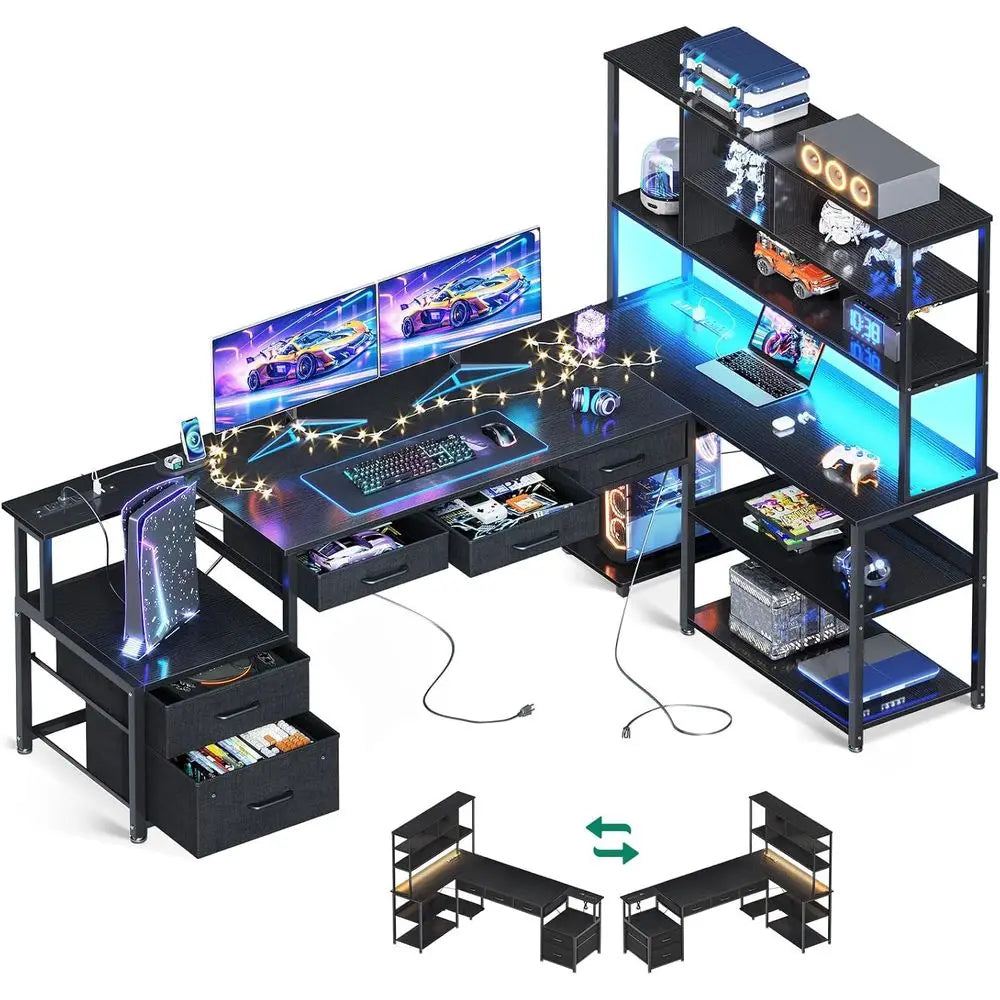 Reversible L Shaped Gaming Desk With LED Lights And Storage
