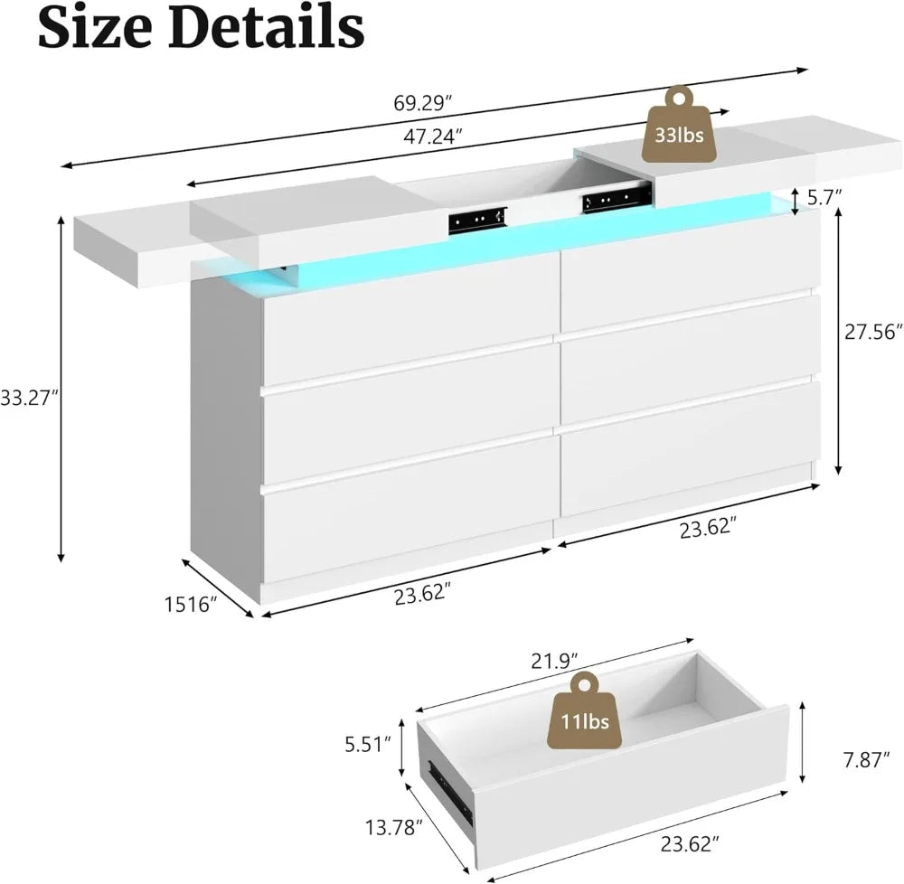 White LED Dresser 6 Drawer with Sliding Top & Charging Station for Bedroom