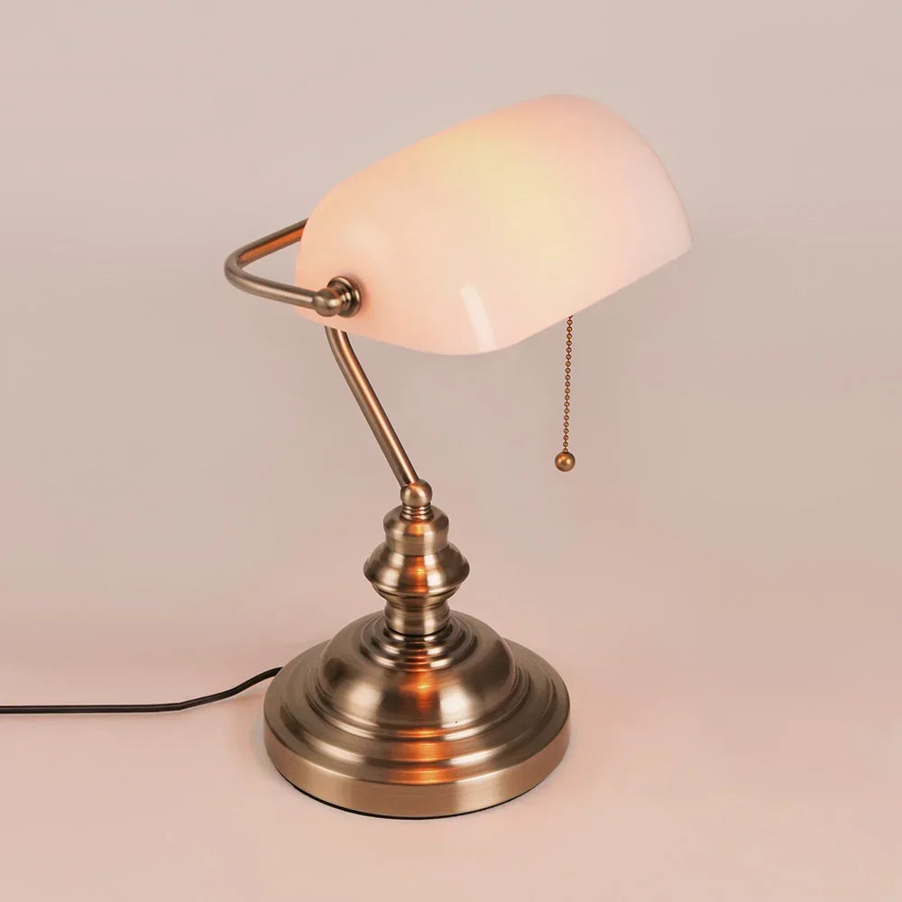 Newrays Glass Banker Desk Lamp With Zipper Switch Iron Base
