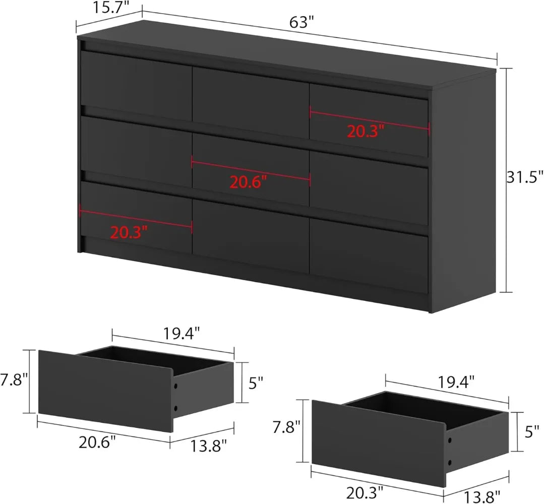 Dresser for Bedroom with 9 Deep Drawers, Large Modern Chest of Drawers Handle Free, Freestanding Black Long Dressers