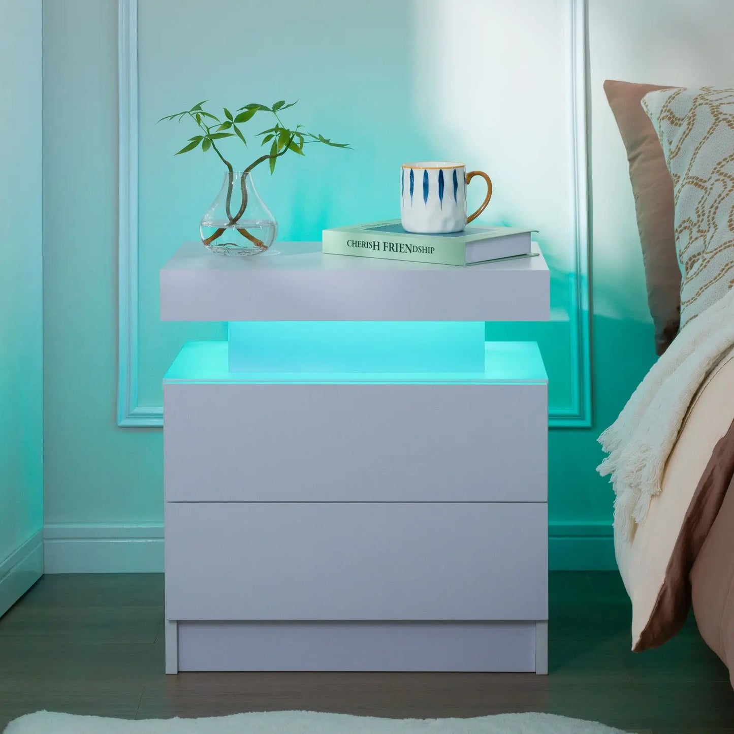 Cubehom Nightstand Set Of 2 With LED Light Two Drawers