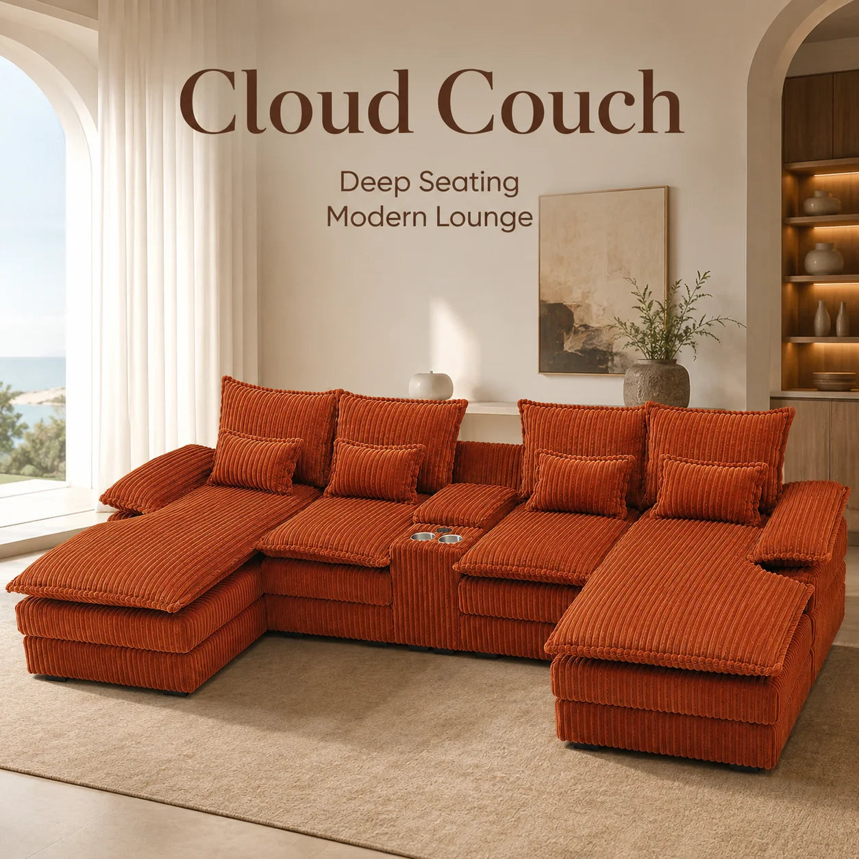 120" 5-Piece U-Shaped Sofa, Modular Sectional with Console & USB Ports, Cloud-Like Corduroy Couch for Living Room or Office