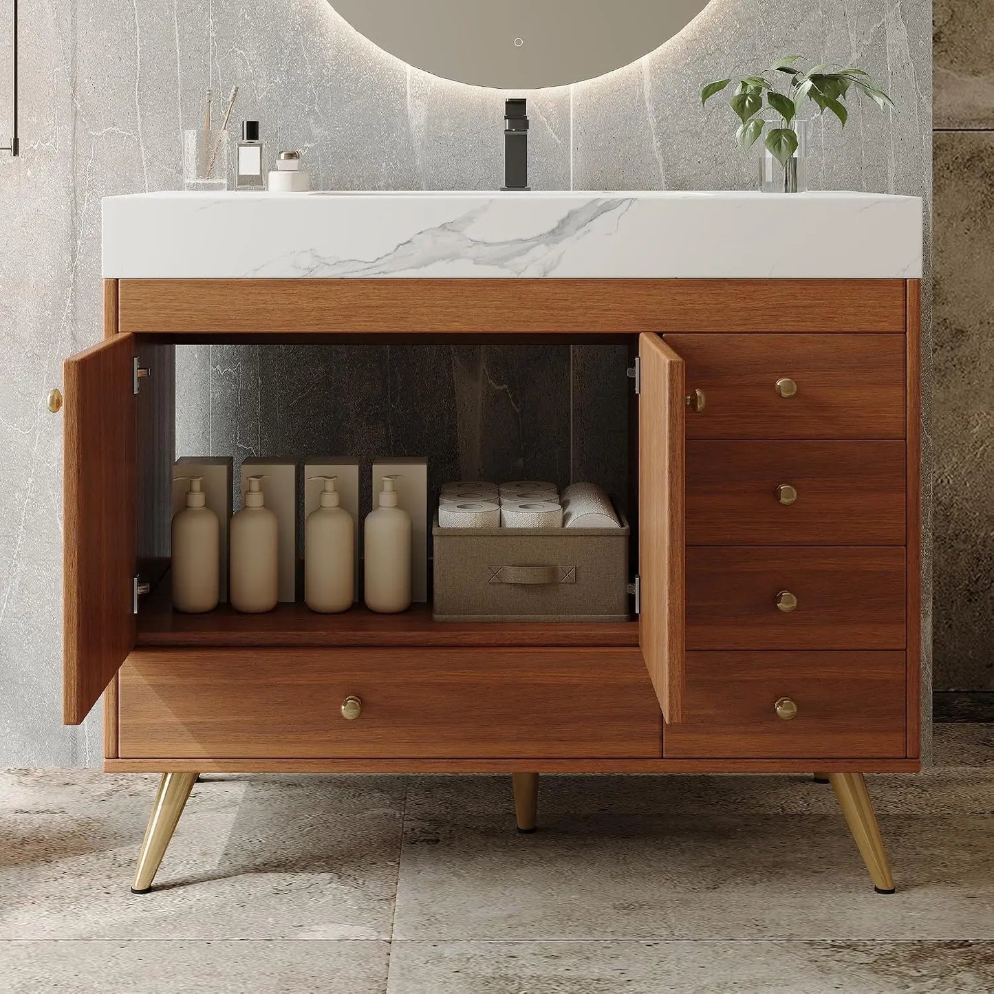 36" Freestanding Bathroom Vanity, Black & White | Ceramic Sink, Faux Marble Top, 5 Drawers, 2 Soft-Close Doors Cabinet, Custom