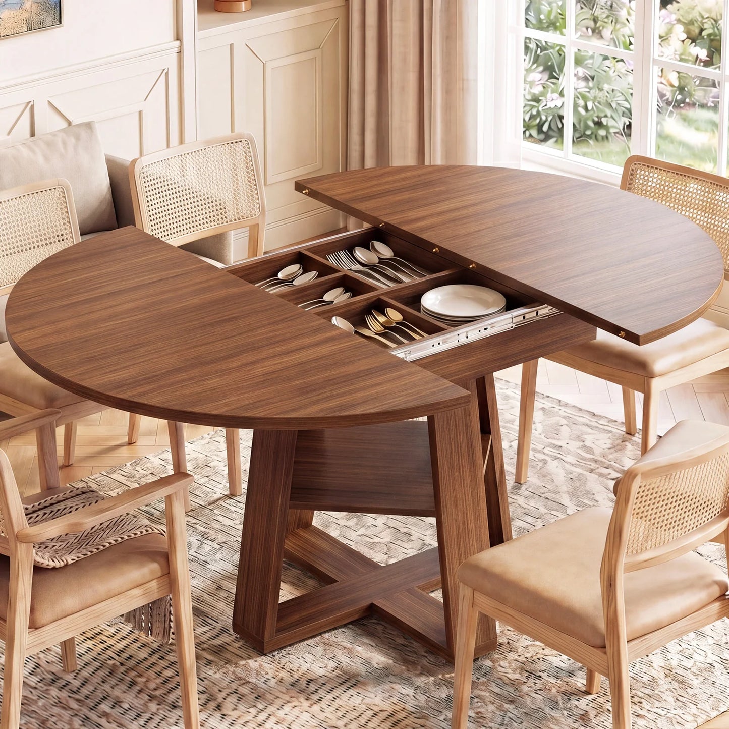 JHK Extendable Wood Round Dining Table With Storage Shelf