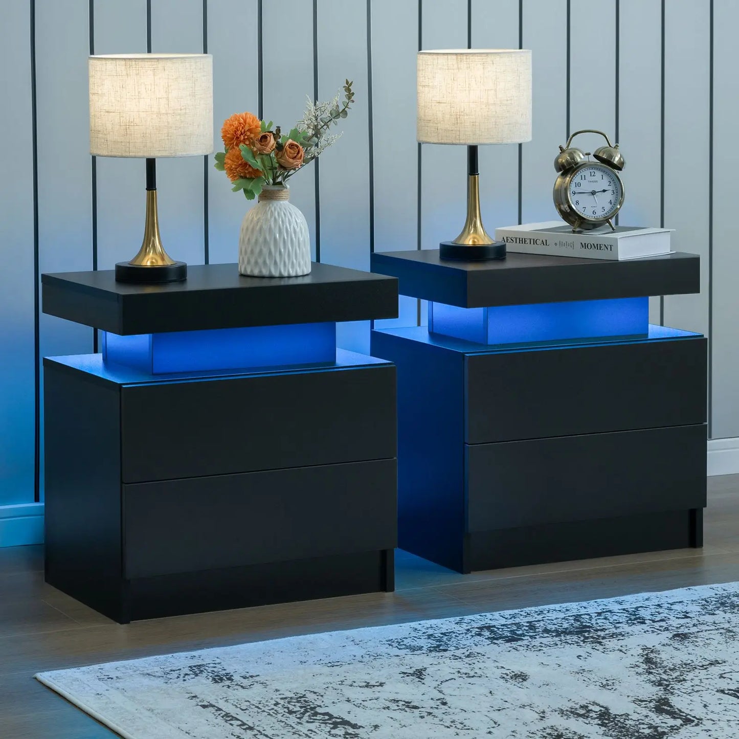 Cubehom Nightstand Set Of 2 With LED Light Two Drawers