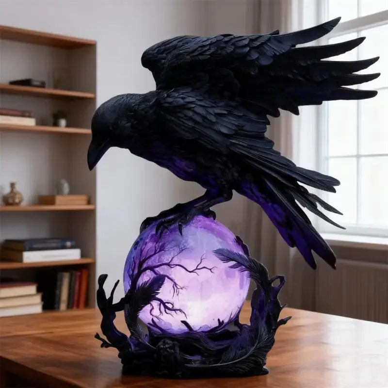 Illuminated Raven Sculpture - A Gothic Light, Showcasing A Raven Perched on A Bright Sphere. an Ideal Outdoor Lamp for Moonlit