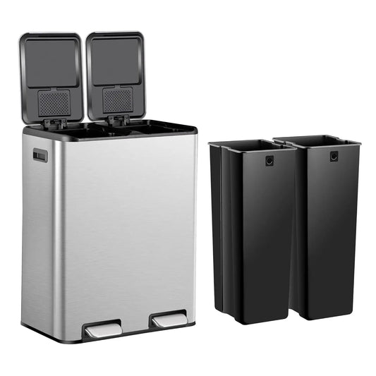 Durable Dual Stainless Steel Kitchen Trash Can With Pedal Recycling
