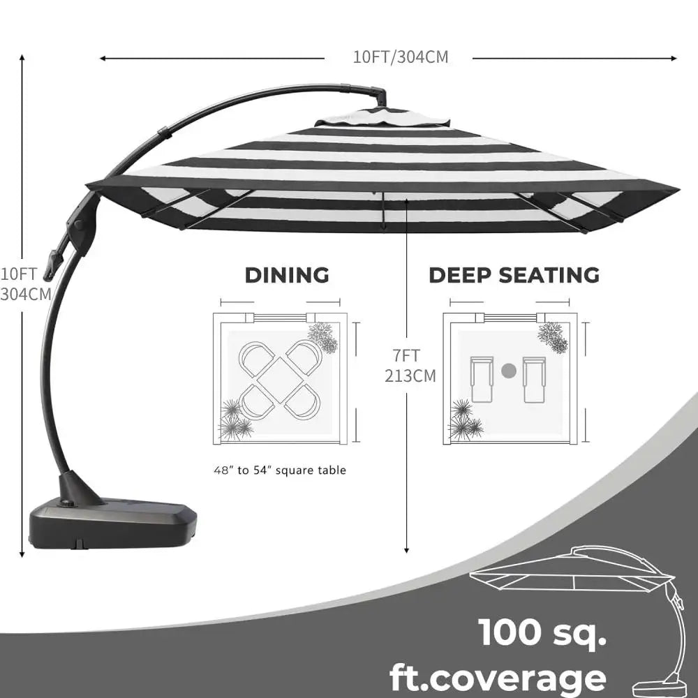 10x10 FT Patio Offset Umbrella, Large Square Aluminum Cantilever Umbrella Base Included for Deck Porch