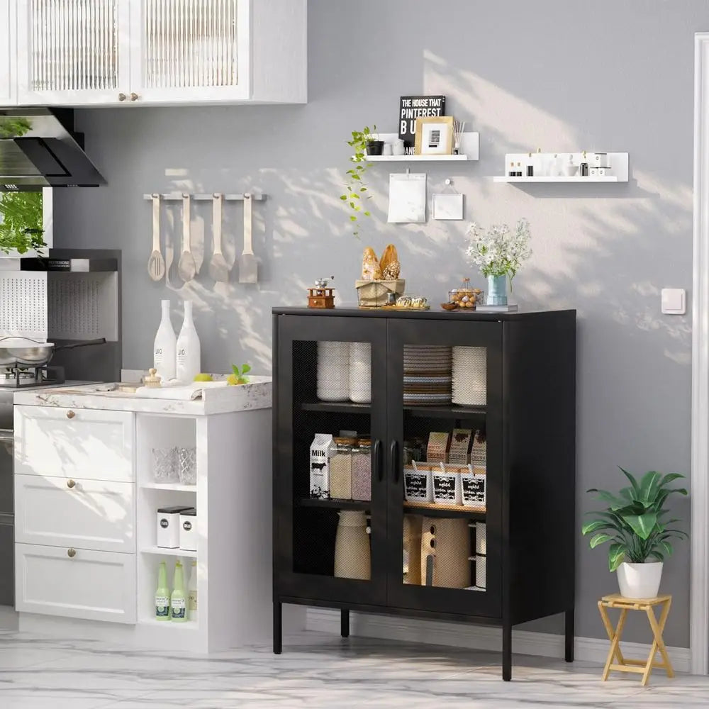 Black Metal Storage Cabinet With Mesh Door And Shelves
