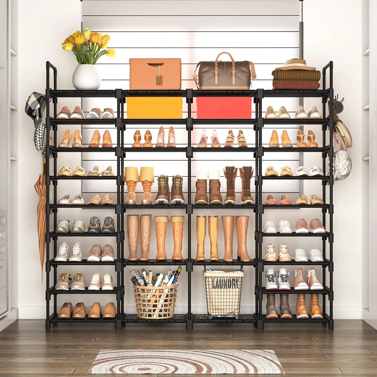 9 Tier Shoe Rack Organizer For Entryway With Removable Hooks