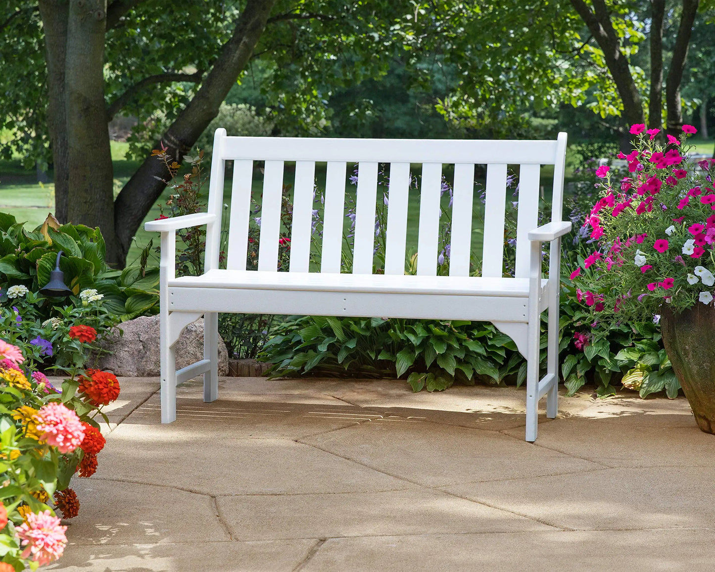 48 Inch Outdoor Garden Bench With Armrests In Buff Color