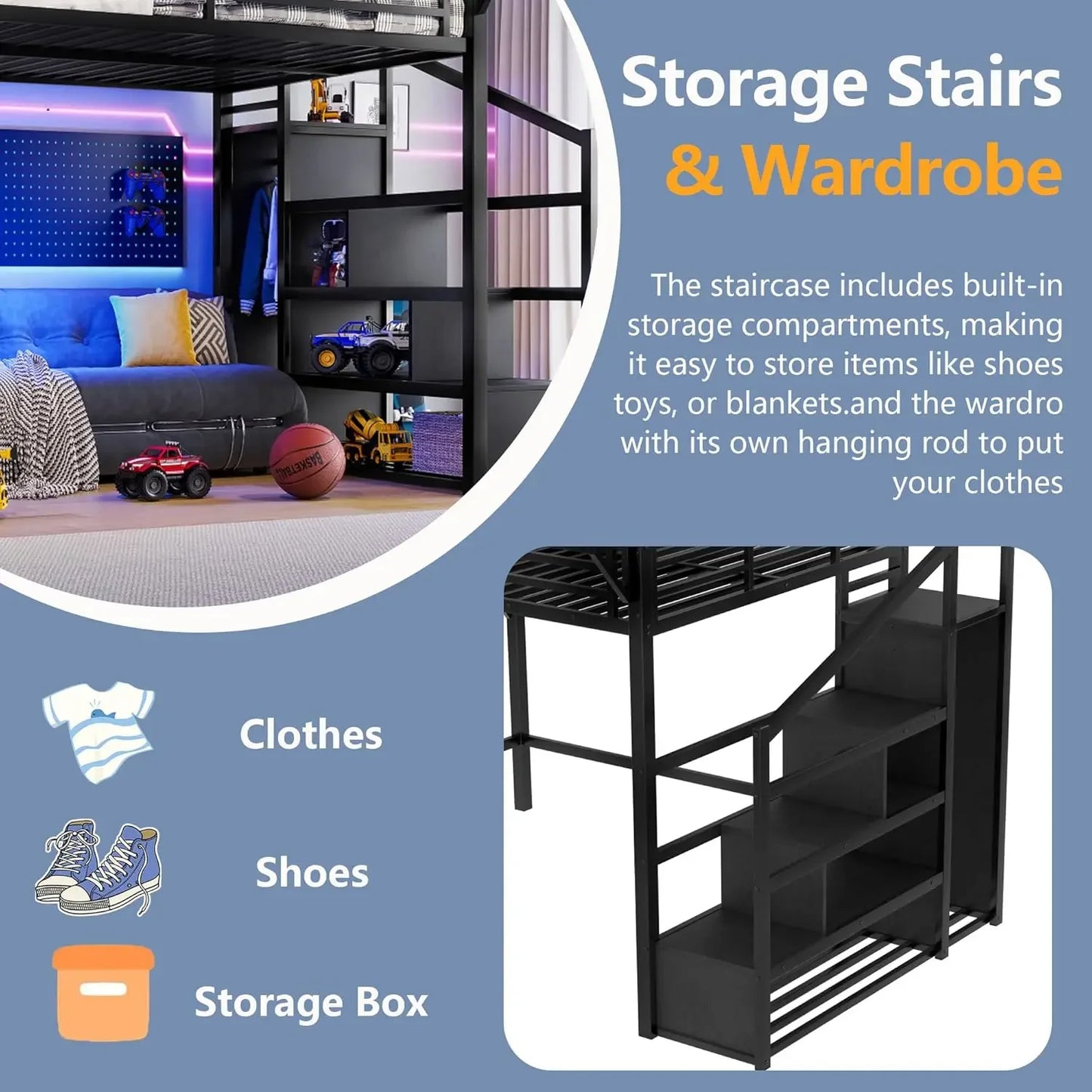 Queen Size Loft Bed with Stairs, Storage Shelves and Built-in Wardrobe, Metal Loft Bed Frame with USB Ports and LED Lights (Blac