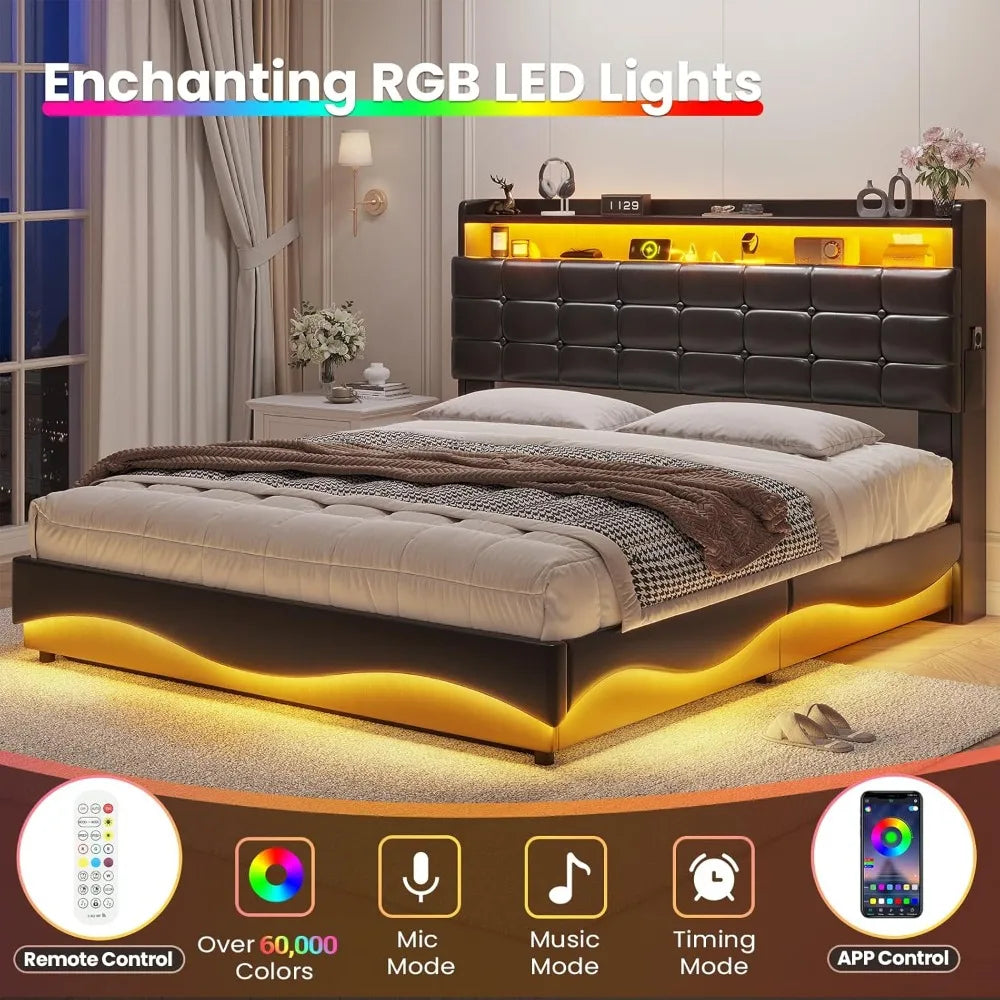 Modern Queen Wood Bed Frame With Lift Storage And LED Lights