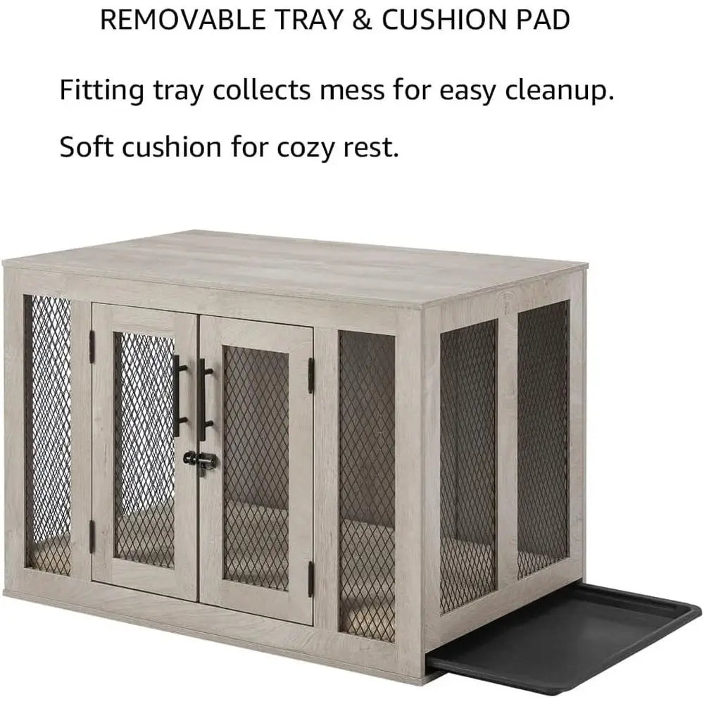 Furniture Style Dog Crate With Cushion Tray And Double Doors