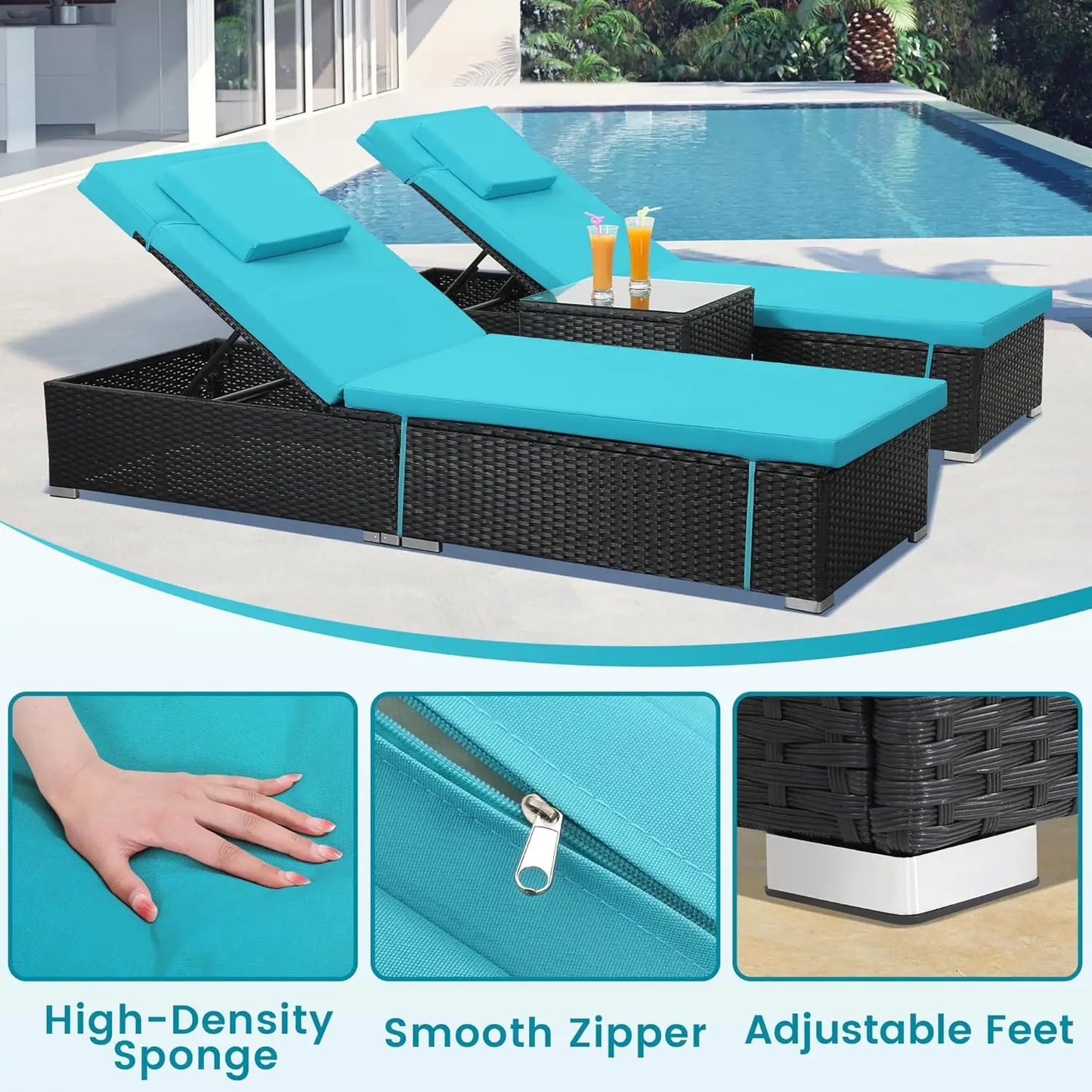 All-Weather Wicker Adjustable Chaise Lounge Set w/ Side Table Washable Cushion for Patio Pool Beach 2pcs Light Blue, Custom