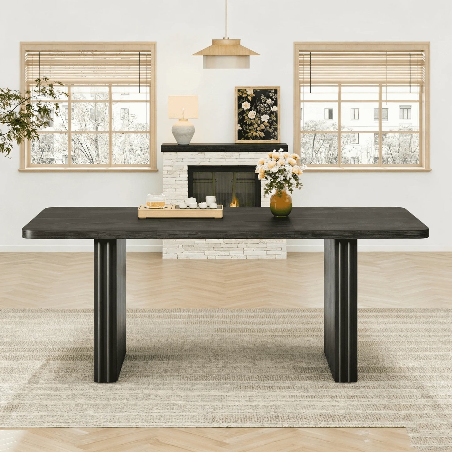 Modern Dining Table for 6-8, 71" Rectangular Farmhouse Kitchen Table with 3.6"×22.9" Black Fluted Wave Metal Legs & Wooden Top, Large Dining Table for Home Office, Dining