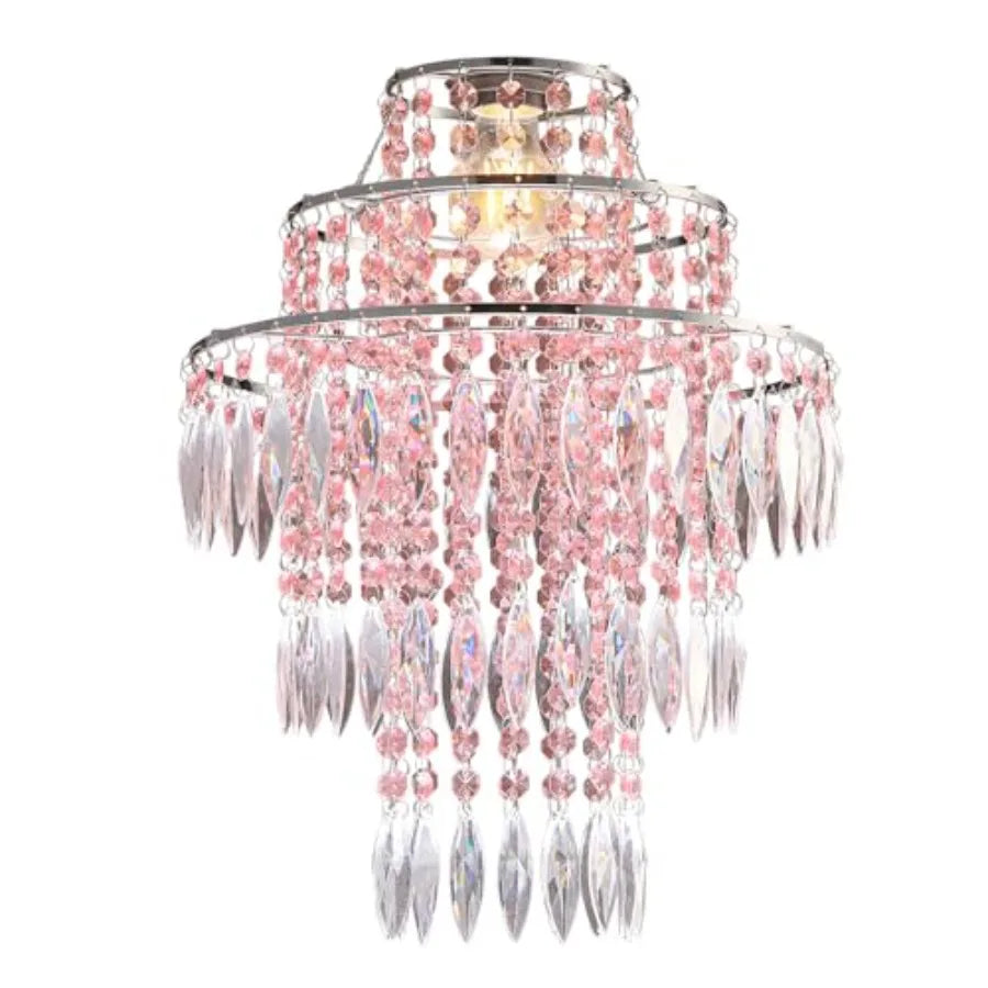 s Acrylic Chandeliers lamp Shade, Pink Acrylic Beaded Chandelier, Pendant Ceiling Light Shade for Wedding Bedroom Hallway Bathr