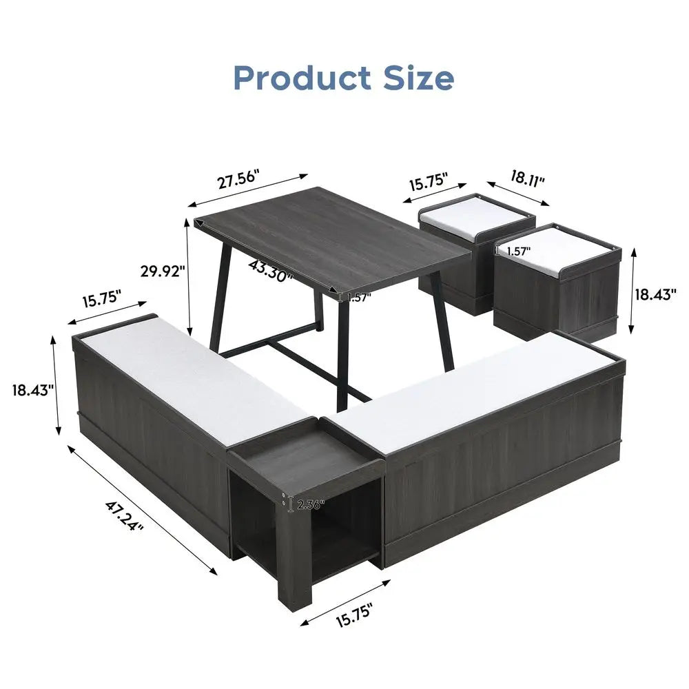 Corner Dining Table Set, 43 Inch Breakfast Nook Table Set with Bench with Hidden Storage amp 2 Ottomans, 5Piece Corner Bench Di
