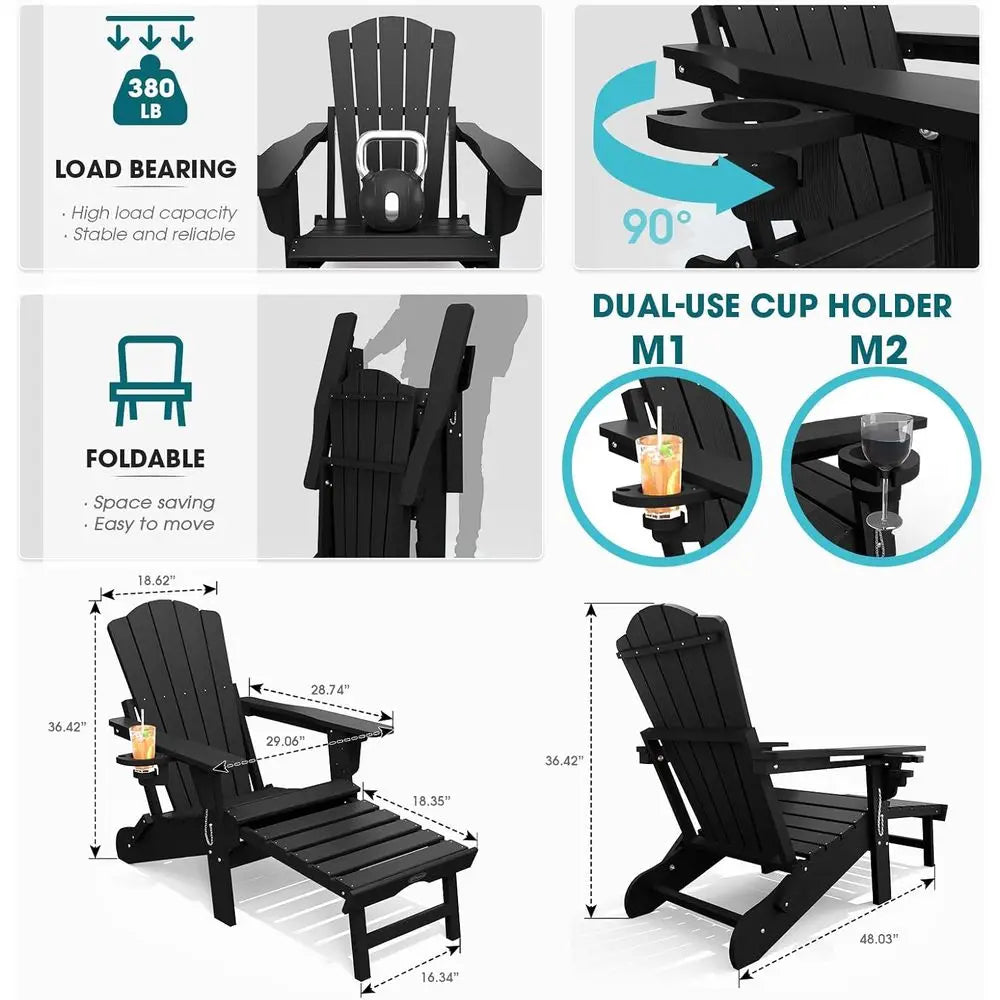 Outdoor Folding Adirondack Chair With Ottoman And Cup Holder