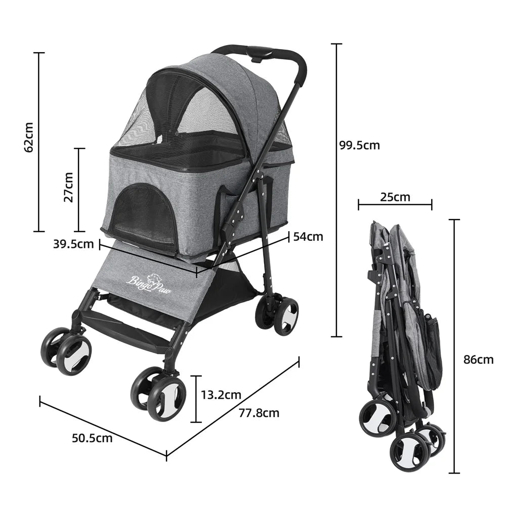 Foldable Pet Dog Stroller With Four Wheels And Rain Cover