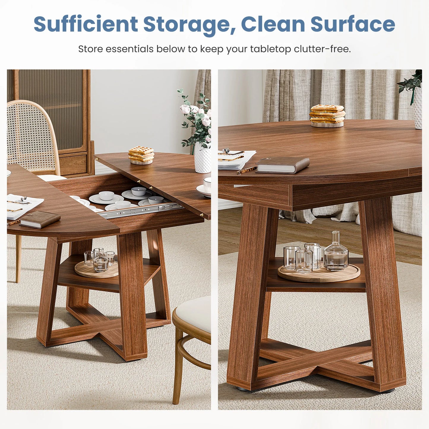 JHK Extendable Wood Round Dining Table With Storage Shelf