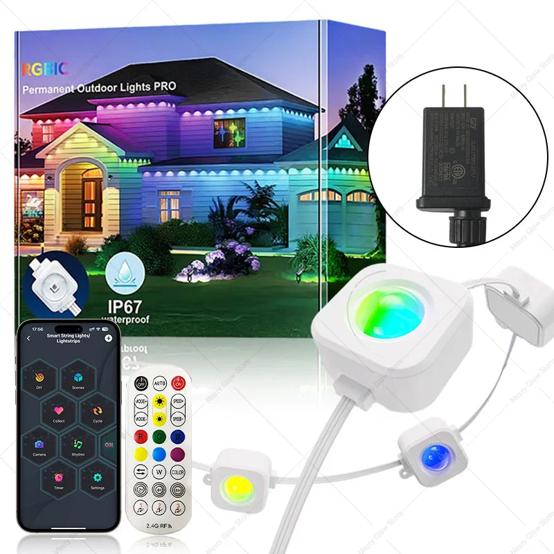 Permanent Outdoor String Lights 60M 120LEDs Smart RGBIC LED Lights IP67 Waterproof Full House Eaves Lights Halloween Decor Alexa