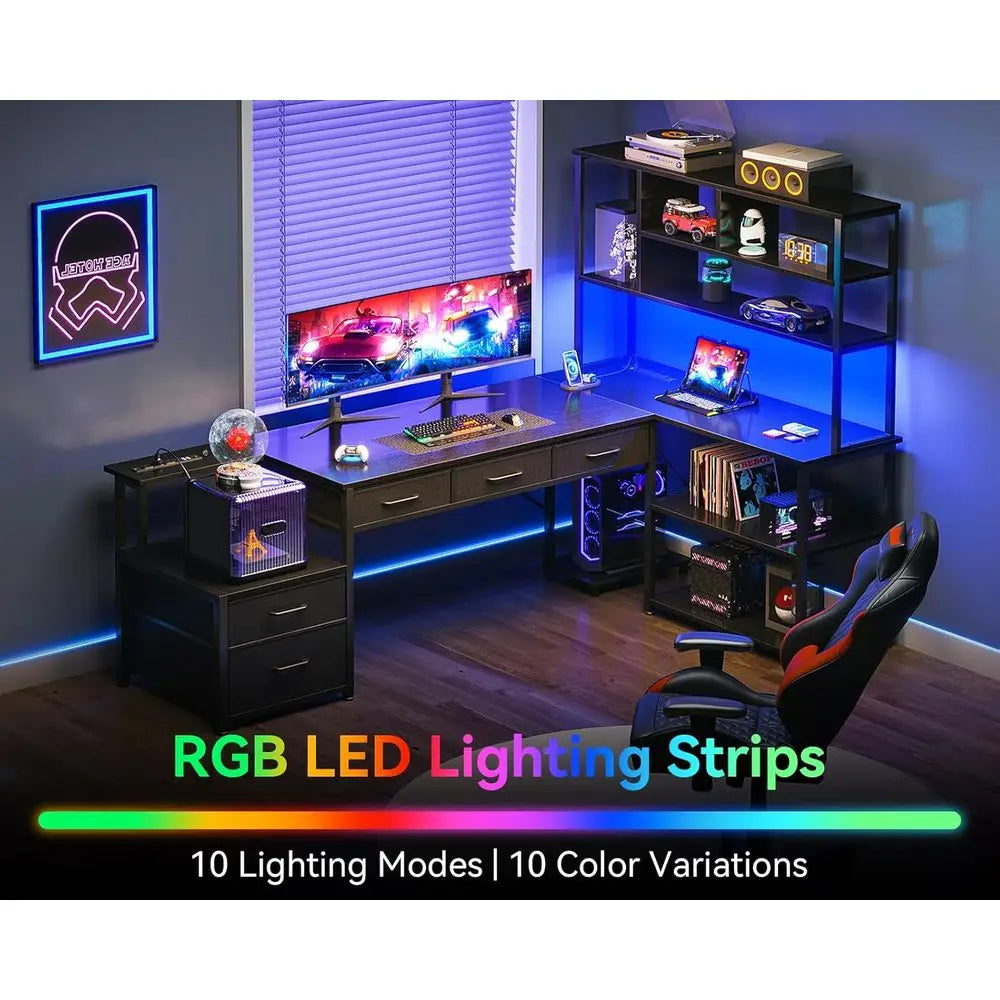 Reversible L Shaped Gaming Desk With LED Lights And Storage