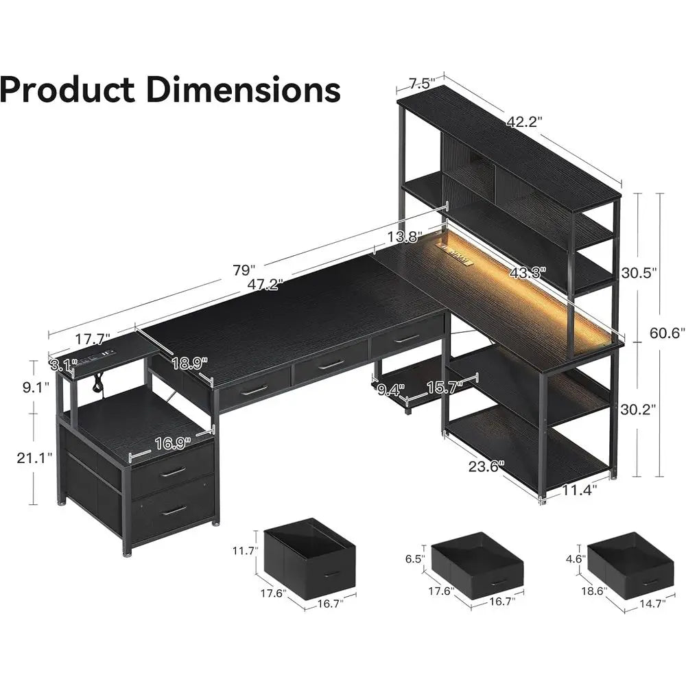 Reversible L Shaped Gaming Desk With LED Lights And Storage