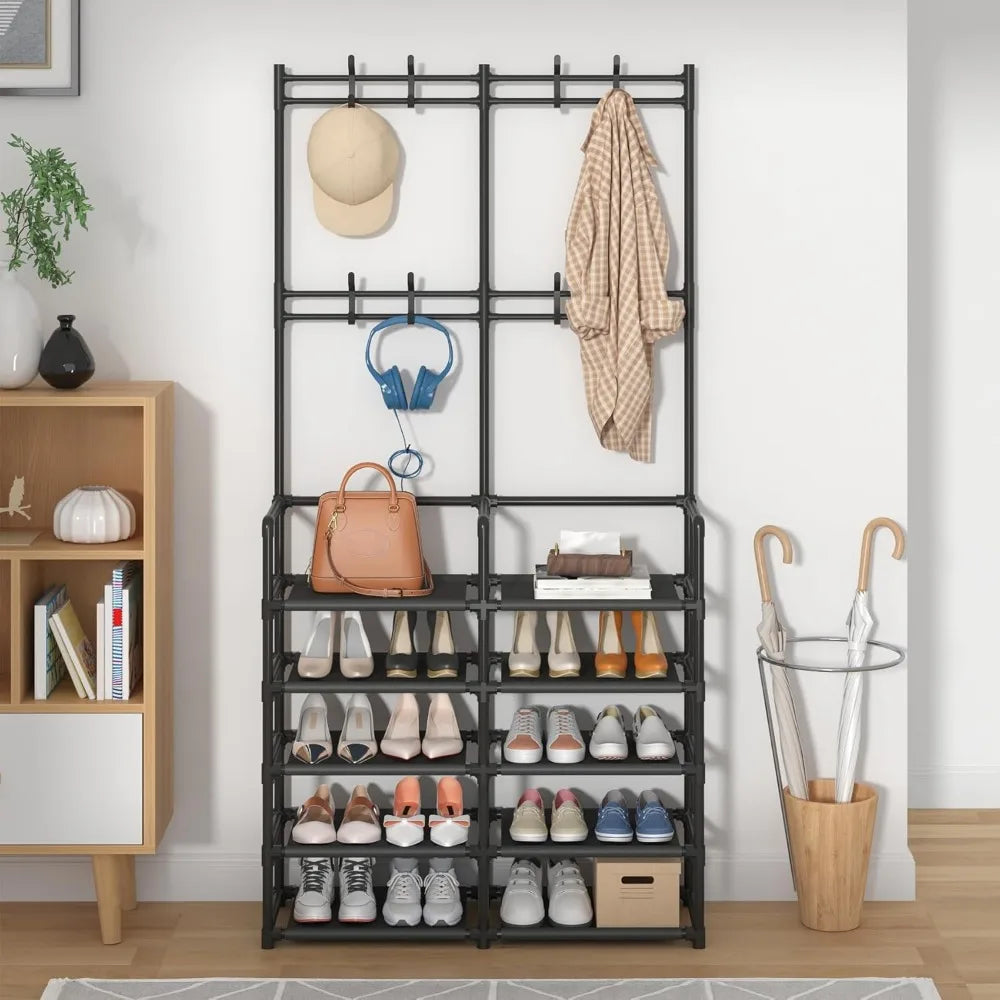 5 Tier Entryway Storage Bench with Coat Hooks and Shoe Rack for Bedroom Hallway Office Black