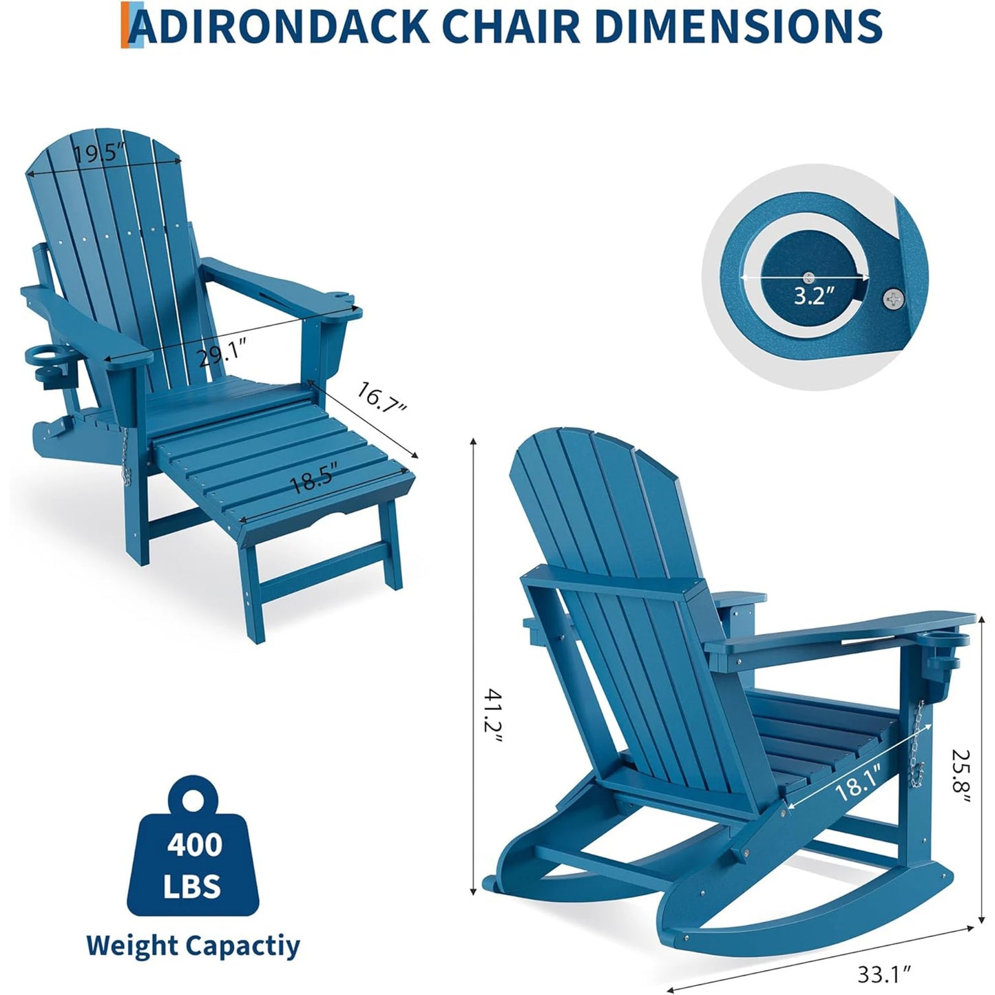 4-In-1 Adirondack Rocking Chair, HDPE All-Weather Folding Rocker With Retractable Ottoman Cup Holders, Outdoor Porch Patio Chair