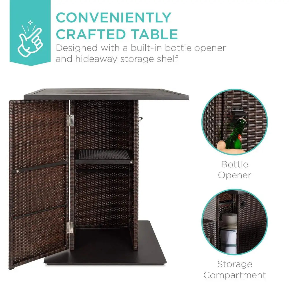 5Piece Outdoor Wicker Bar Table Set for Patio, Poolside, Backyard w Builtin Bottle Opener, Hidden Storage Shelf, Metal Tabletop
