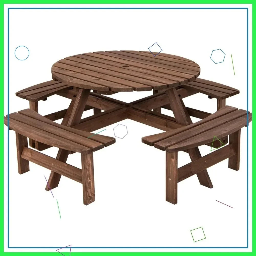 Outdoor Fir Wood Picnic Table Set With Benches And Umbrella Hole