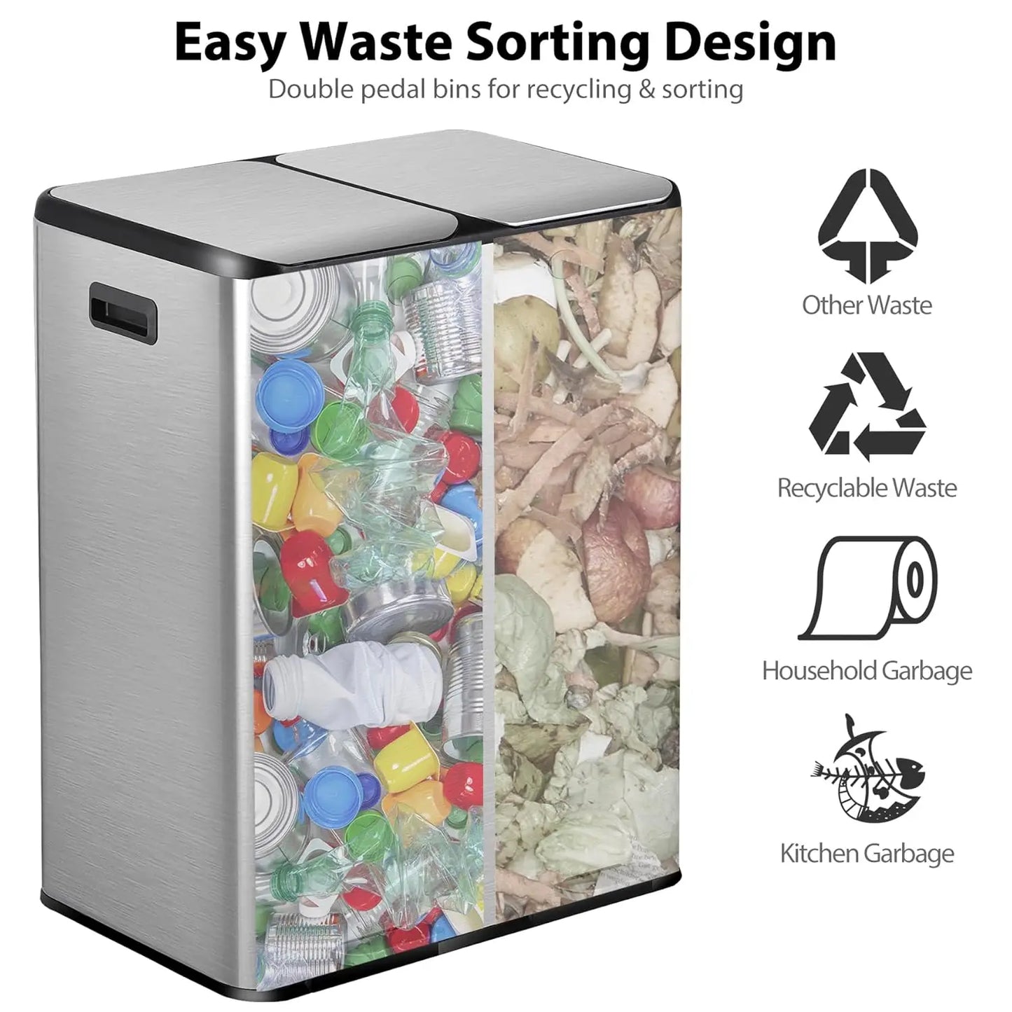 Durable Dual Stainless Steel Kitchen Trash Can With Pedal Recycling
