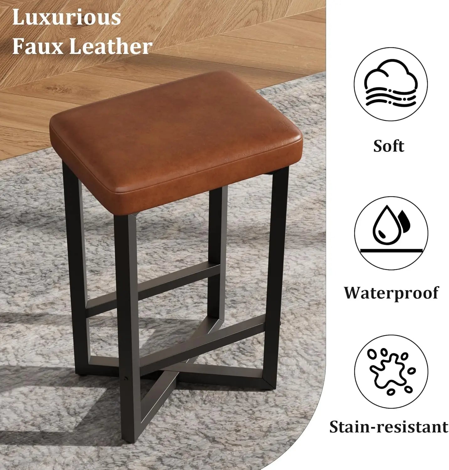 2PCS 24" Bar Stools Set Counter Height Backless Barstools with Metal X-Frame PU Leather Seats for Home Kitchen Bar Dining Room
