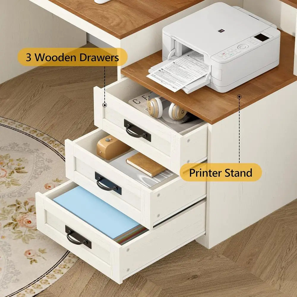 Computer Desk With Drawers Power Outlets Storage Cabinet Printer Stand