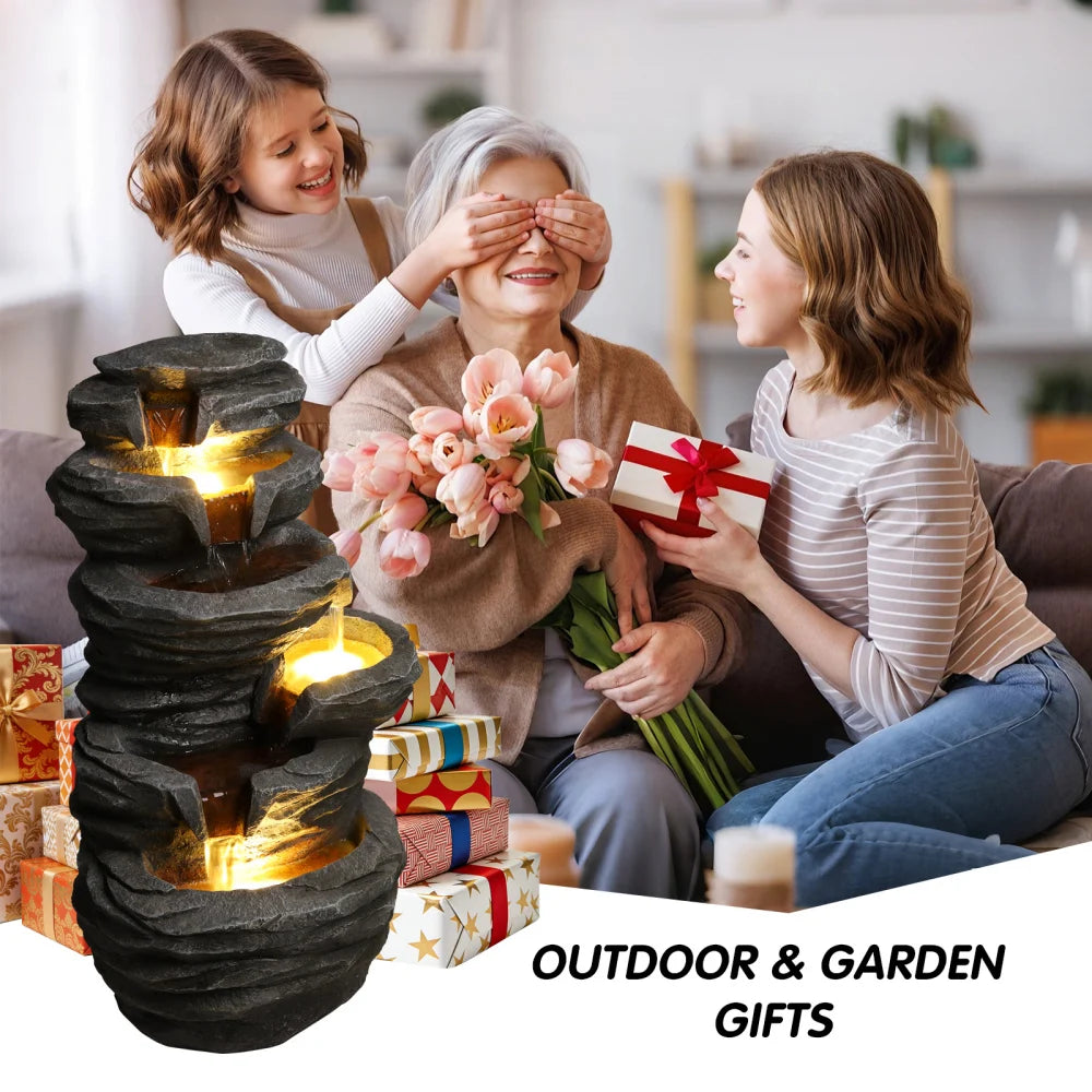 Outdoor Waterfall Fountain with Lights Stacked Rock Cascading Water Feature Resin Garden Decor for Patio Yard Porch Landscape