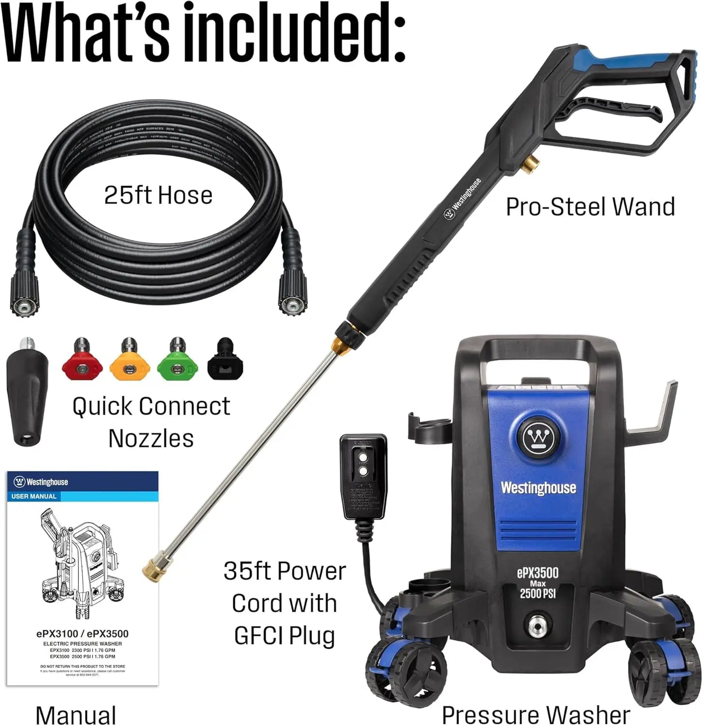 ePX3500 Electric Pressure Washer, 2500 Max PSI 1.76 Max GPM with Anti-Tipping Technology, Onboard Soap Tank