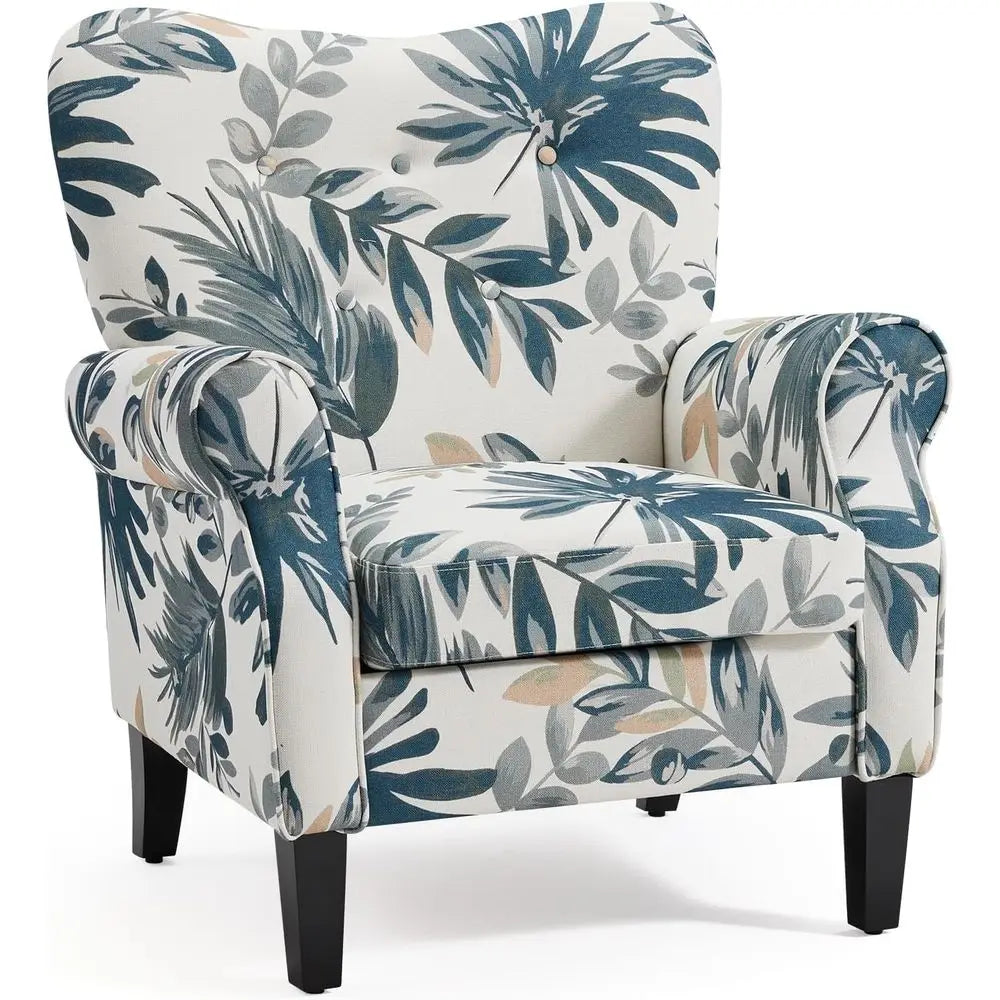 ern Accent Chair,High Back Armchair,Upholstered abric Button Single Soa with Wooden Legs or Living Room,Bedroom,Blue Leaves
