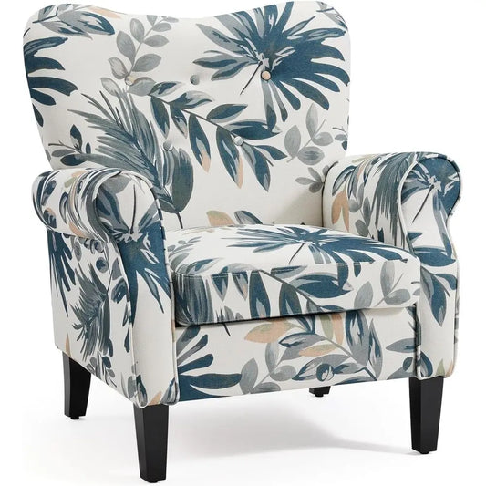 ern Accent Chair,High Back Armchair,Upholstered abric Button Single Soa with Wooden Legs or Living Room,Bedroom,Blue Leaves