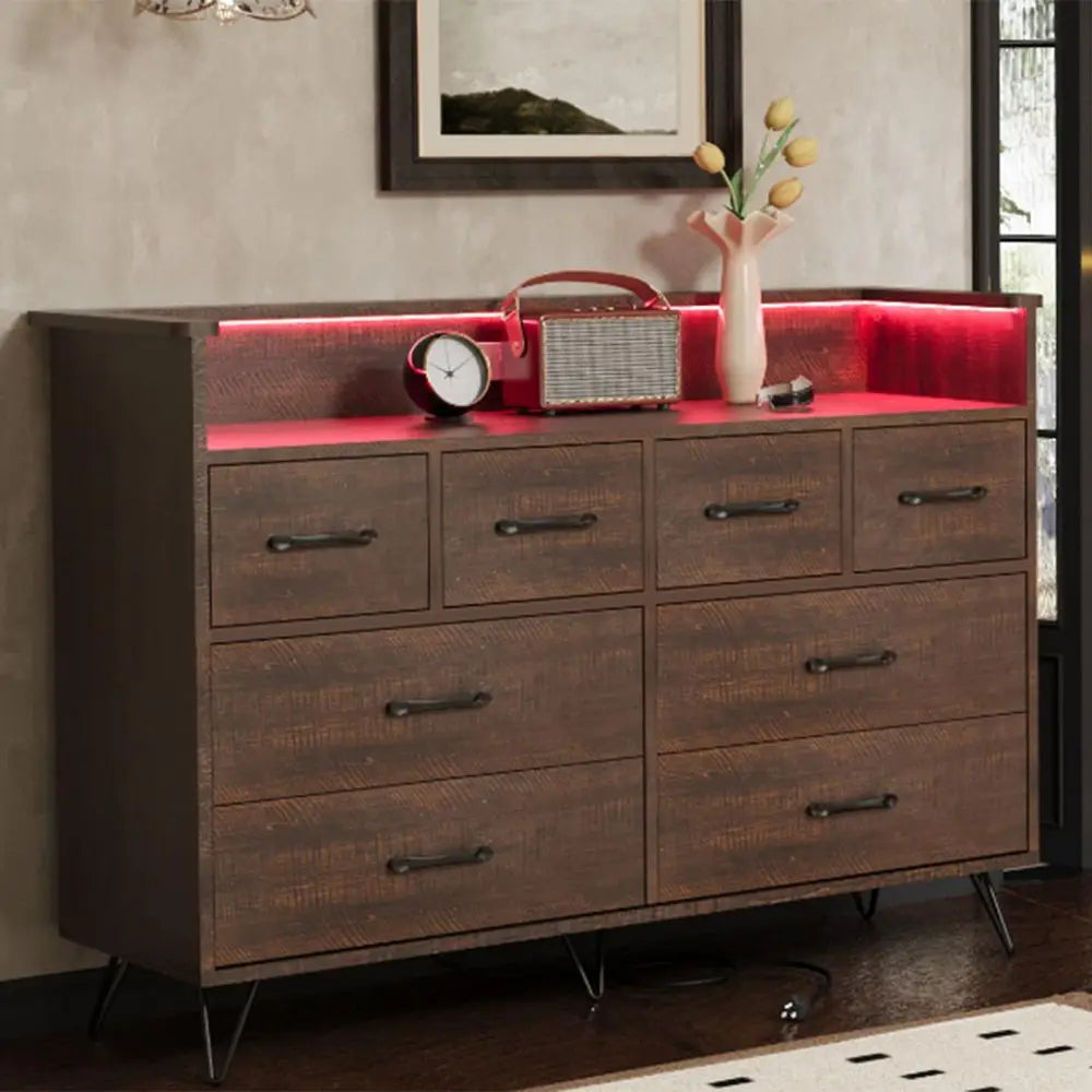 Dresser with Power Outlet and LED Lights, 8 Drawer Dresser for Bedroom, Modern Chest of Drawers with Gold Handles and Open Stor