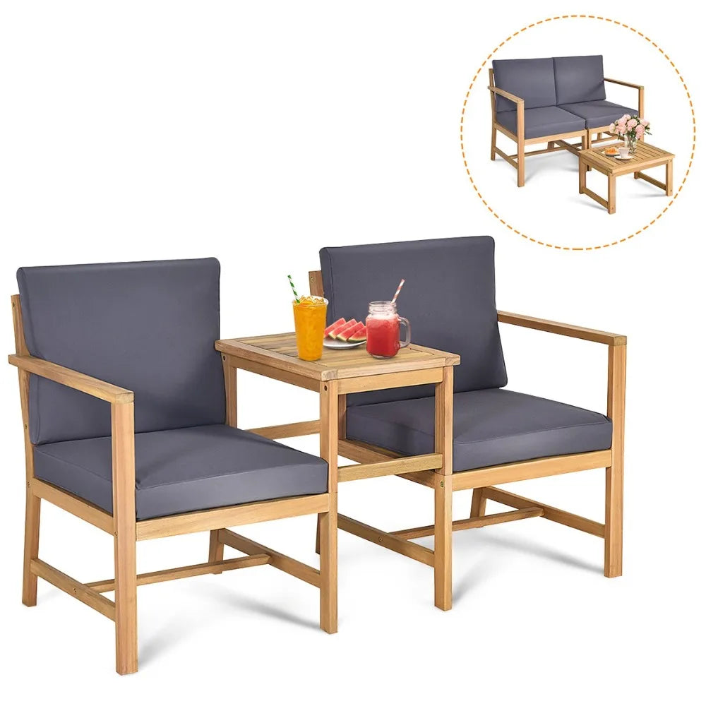 Patiojoy Solid Wood Sectional Table Chairs Set Outdoor With Cushions