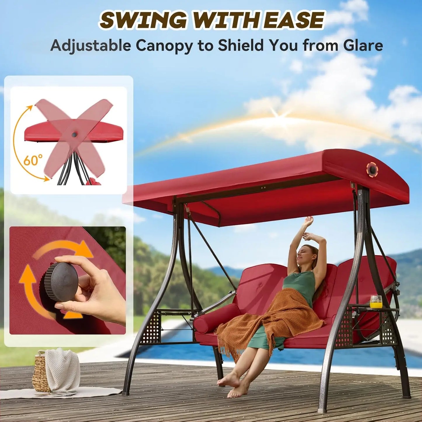Three In One Outdoor Porch Swing With Adjustable Canopy