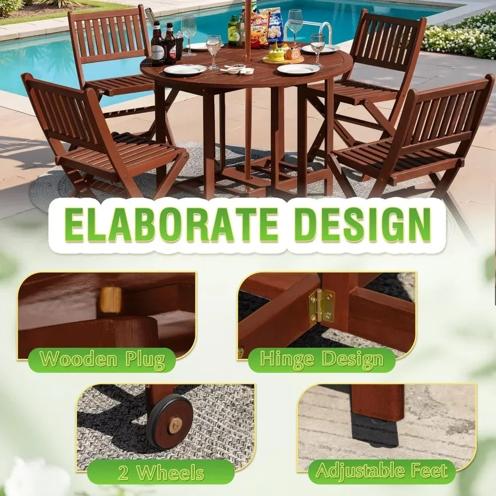 BestsellerDurability outdoor acacia wood 5-piece patio dining set with folding round table and chairs for backyard, balcony, and