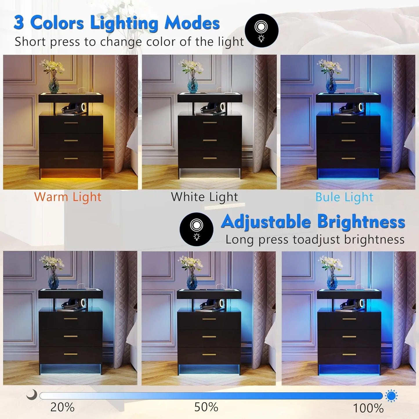 Nightstand With Wireless Charging And Auto Sensor LED End Table
