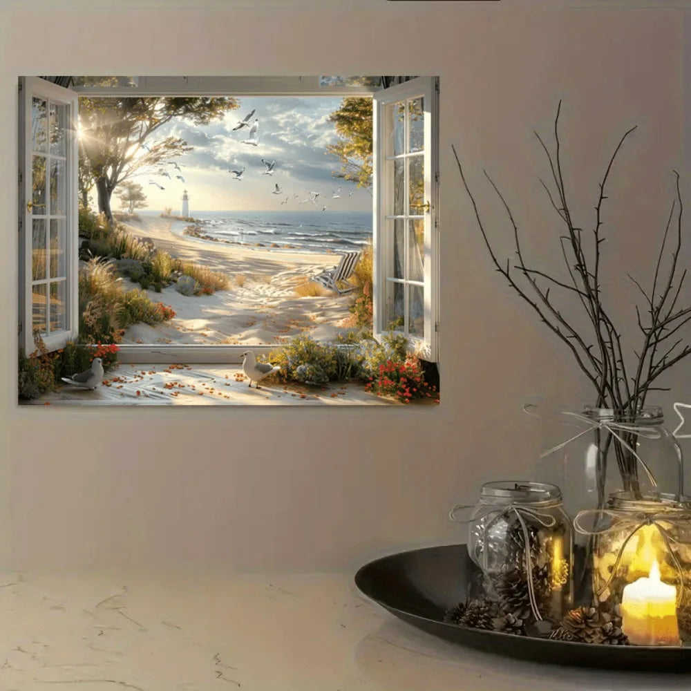 Coastal Landscape Canvas Art With Lighthouse Seascape Wooden Frame