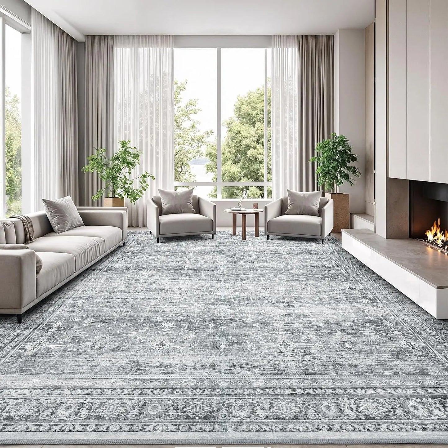 Washable Floral Area Rug With Non-Slip Backing For Living Room