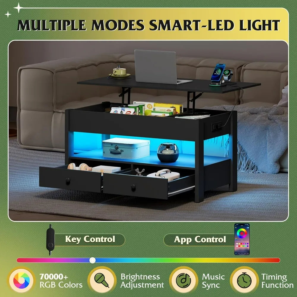 Lift Top Coffee Table With Drawers And LED Light Storage