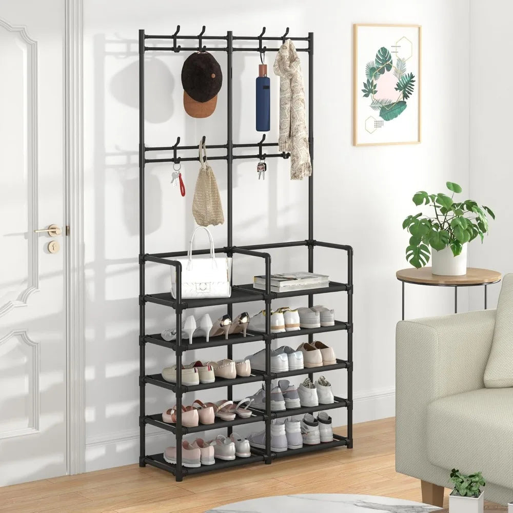 5 Tier Entryway Storage Bench with Coat Hooks and Shoe Rack for Bedroom Hallway Office Black