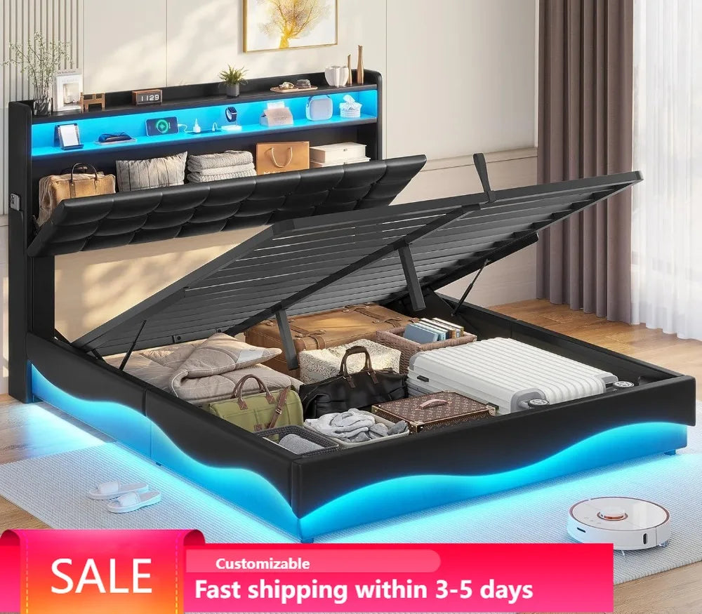 Modern Queen Wood Bed Frame With Lift Storage And LED Lights