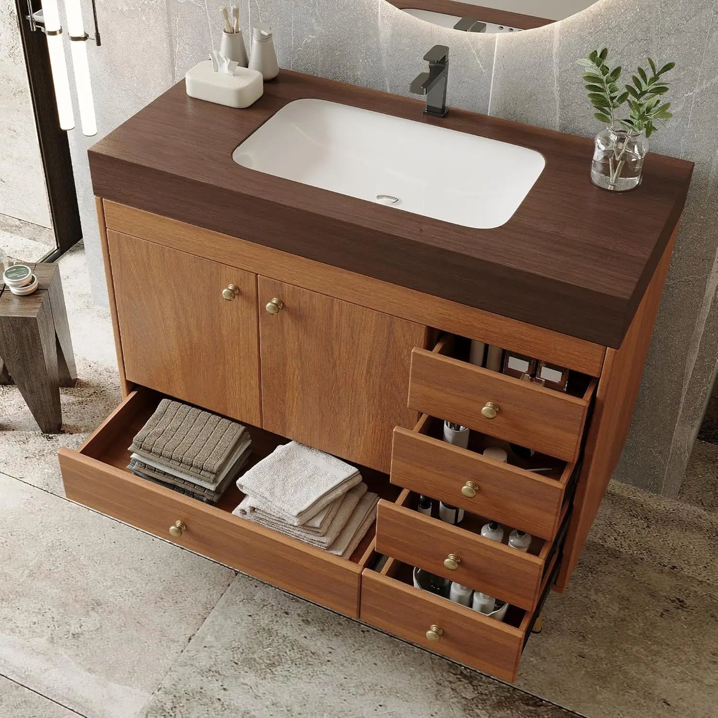 36" Freestanding Bathroom Vanity, Black & White | Ceramic Sink, Faux Marble Top, 5 Drawers, 2 Soft-Close Doors Cabinet, Custom